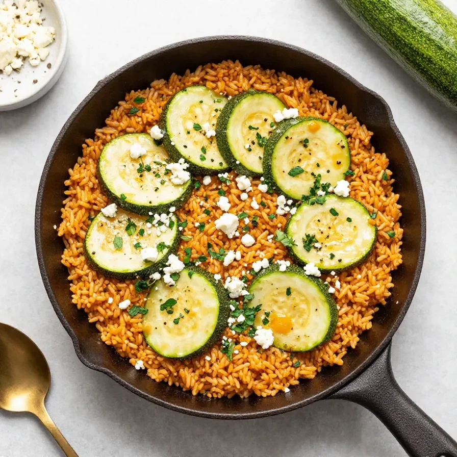 Reispfanne mit Zucchini und Feta in einer Schüssel serviert
