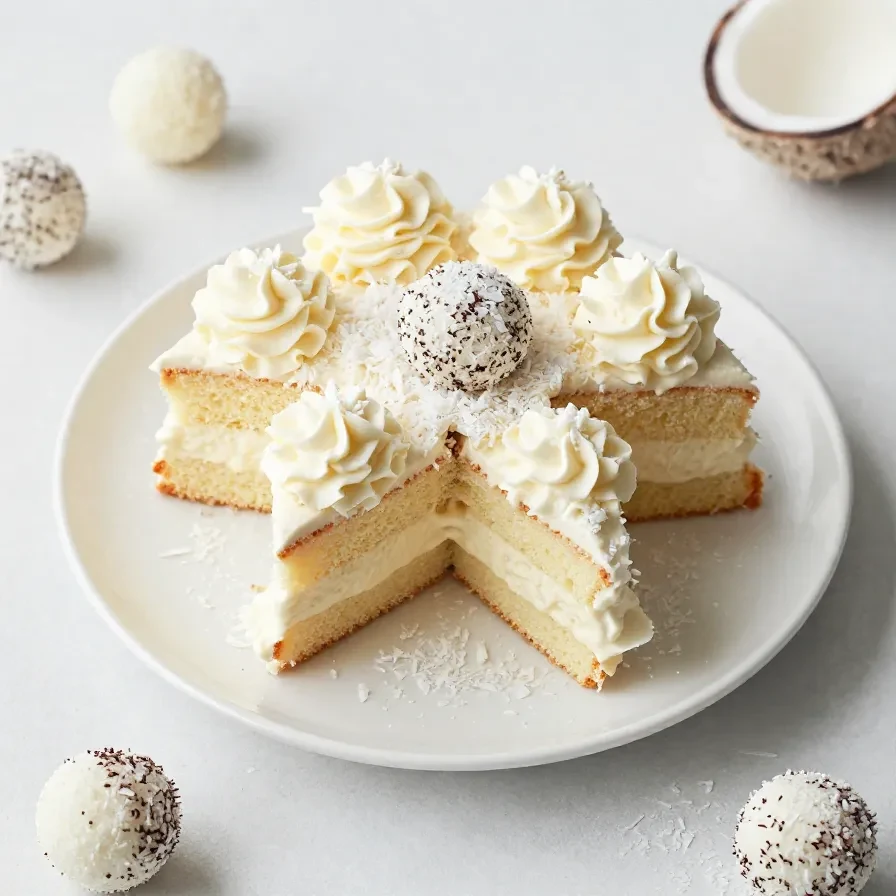 Raffaello Kuchen mit weißer Kokoscreme, geriebenen Kokosraspeln und dekorierten Raffaello-Pralinen auf einem hellen Teller