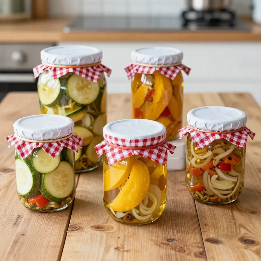 Glas mit süßsauer eingelegten Zucchini auf einem Küchentisch neben Essig, Zucker und frischen Kräutern