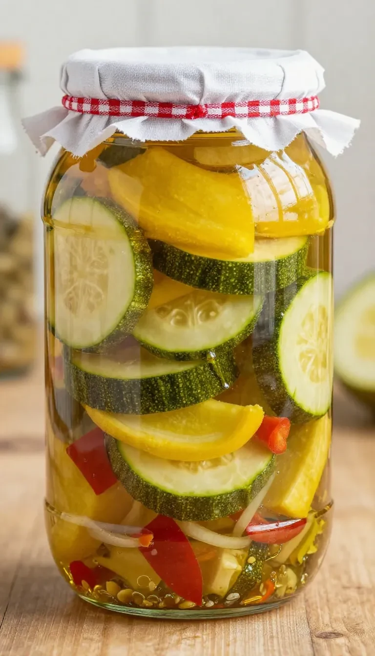 Glas mit süßsauer eingelegten Zucchini auf einem Küchentisch neben Essig, Zucker und frischen Kräutern