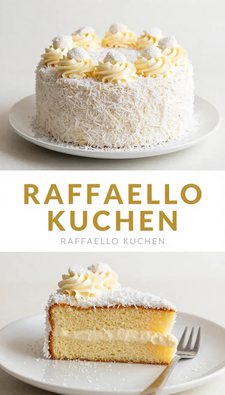 Raffaello Kuchen mit weißer Kokoscreme, geriebenen Kokosraspeln und dekorierten Raffaello-Pralinen auf einem hellen Teller