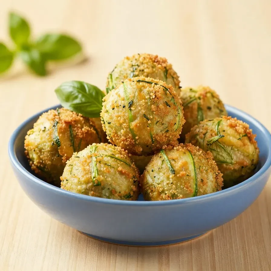 Griechische Kolokithokeftedes, goldbraune Zucchini-Bällchen auf einem Teller serviert.