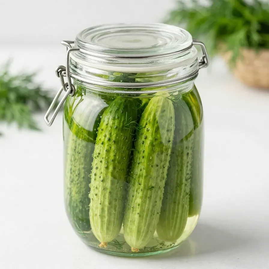 Glas mit hausgemachten fermentierten Gurken auf einem Holztisch neben frischem Dill und Gewürzen