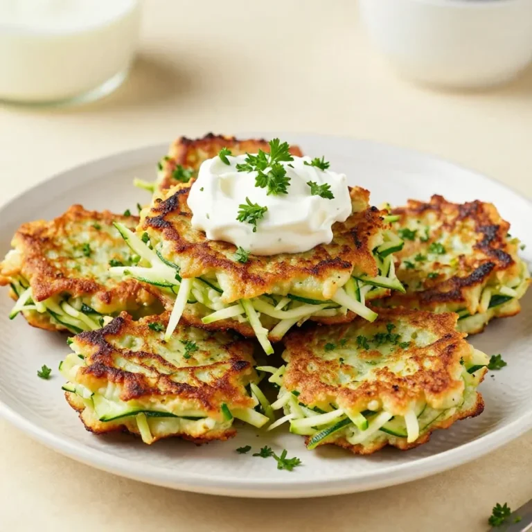 Knusprige Zucchinipuffer auf einem Teller mit frischem Joghurt-Dip und Kräutern