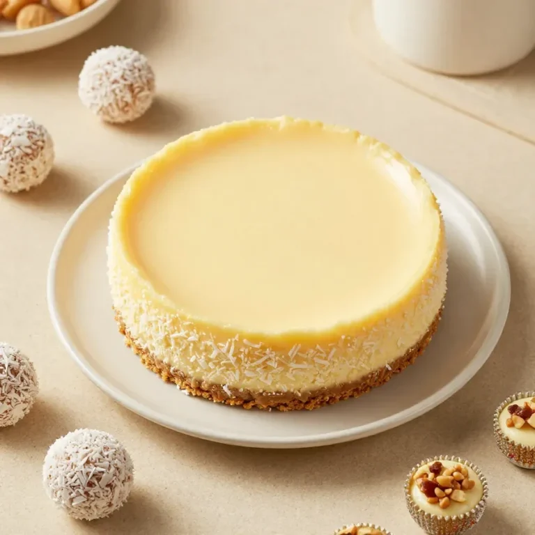 Rafaelo Cheesecake auf einem weißen Teller, garniert mit Kokosraspeln und weißen Schokokugeln