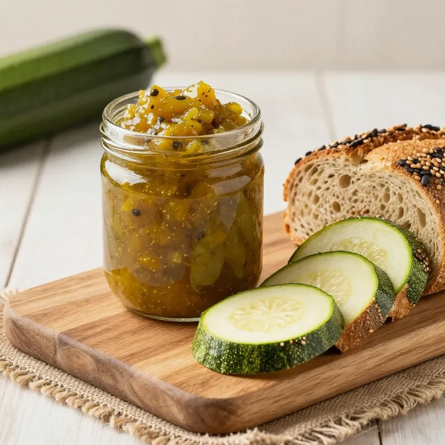 Hausgemachtes pikantes Zucchini Relish in einem Glas mit frischen Zucchini, Zwiebeln und Gewürzen auf einem Holztisch.