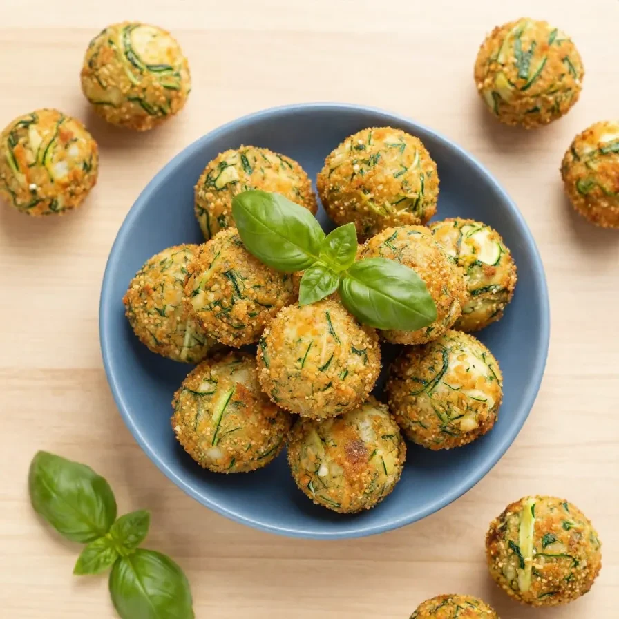 Griechische Kolokithokeftedes, goldbraune Zucchini-Bällchen auf einem Teller serviert.