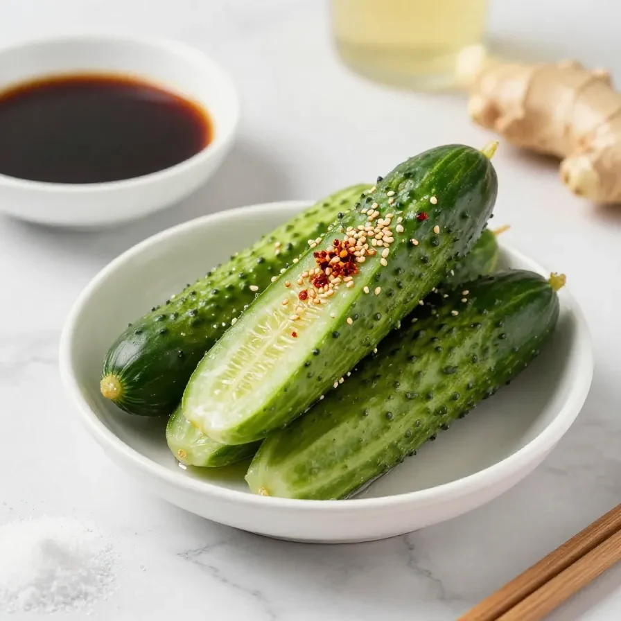 Schale mit japanischen eingelegten Gurken und Ingwer auf hellem Hintergrund