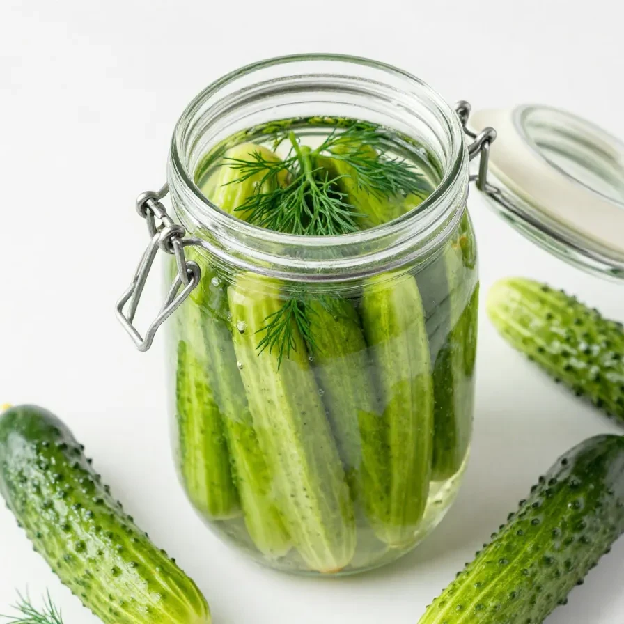 Glas mit hausgemachten fermentierten Gurken auf einem Holztisch neben frischem Dill und Gewürzen