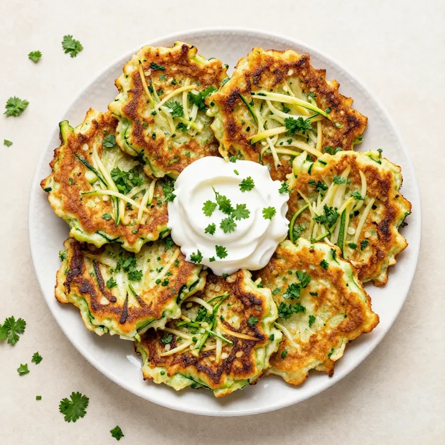 Knusprige Zucchinipuffer auf einem Teller mit frischem Joghurt-Dip und Kräutern