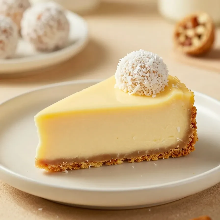Rafaelo Cheesecake auf einem weißen Teller, garniert mit Kokosraspeln und weißen Schokokugeln