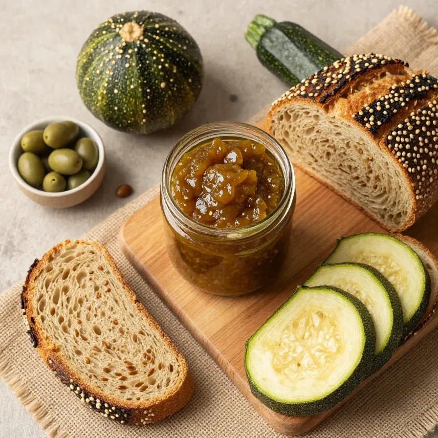 Hausgemachtes pikantes Zucchini Relish in einem Glas mit frischen Zucchini, Zwiebeln und Gewürzen auf einem Holztisch.