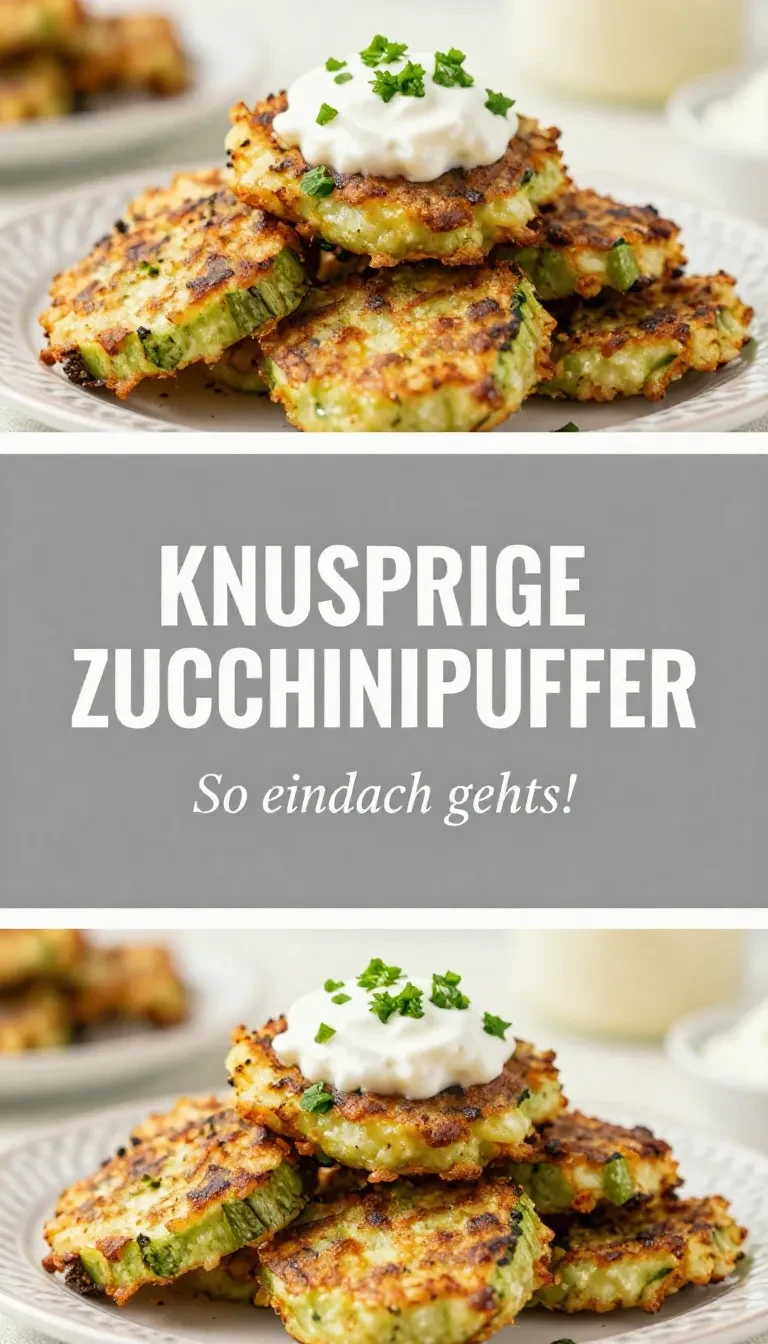 Knusprige Zucchinipuffer auf einem Teller mit frischem Joghurt-Dip und Kräutern