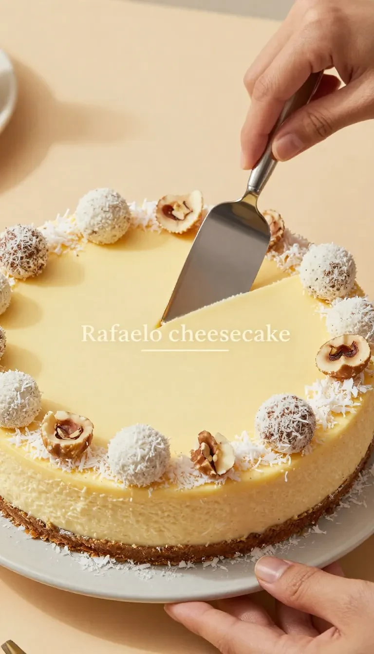 Rafaelo Cheesecake auf einem weißen Teller, garniert mit Kokosraspeln und weißen Schokokugeln