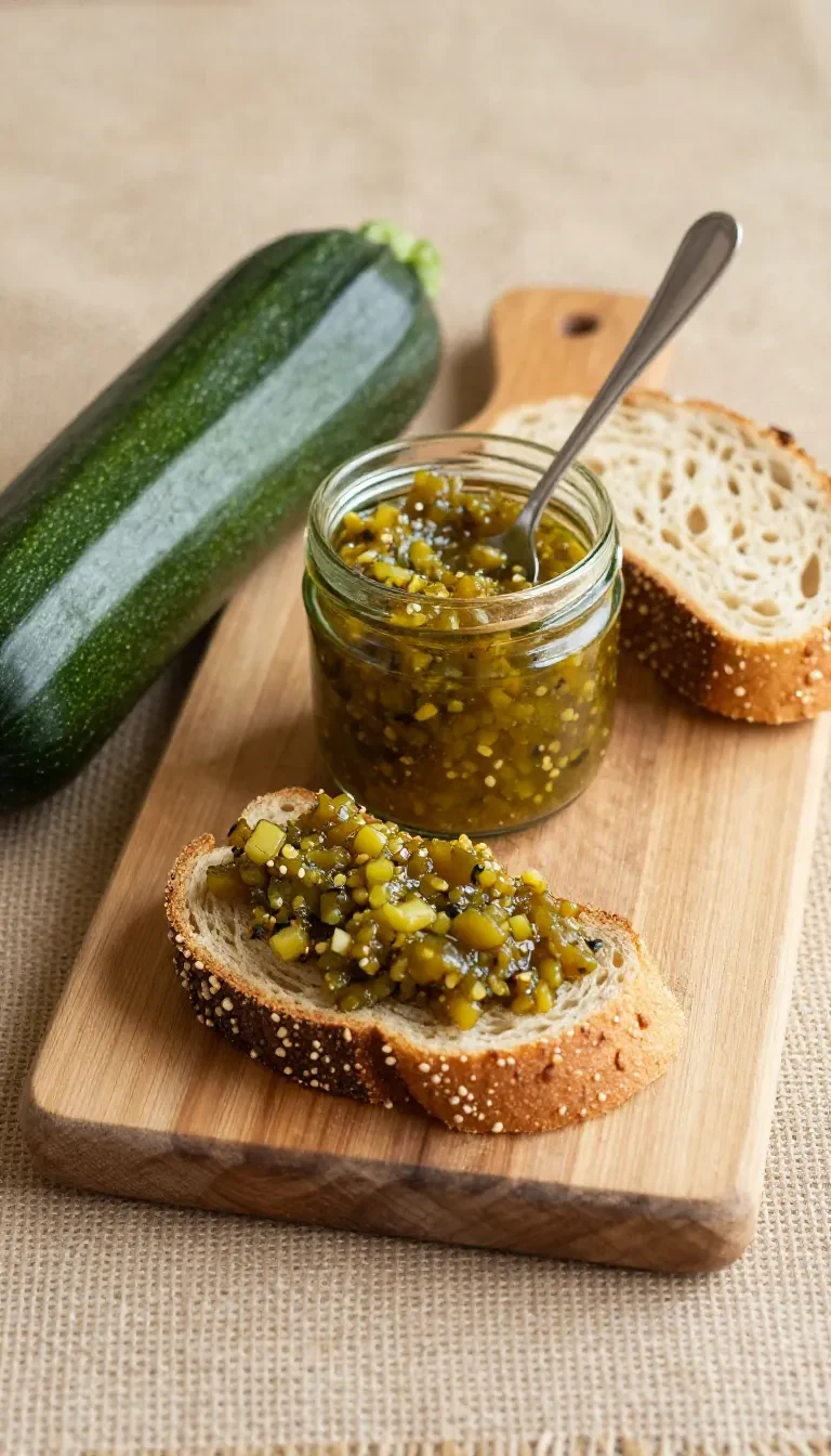 Hausgemachtes pikantes Zucchini Relish in einem Glas mit frischen Zucchini, Zwiebeln und Gewürzen auf einem Holztisch.