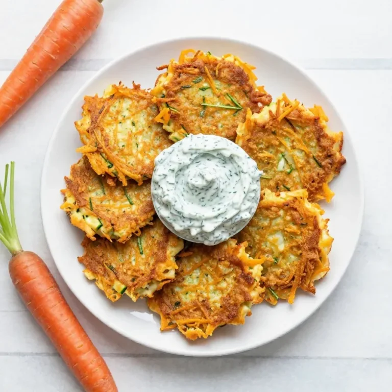 Goldbraun gebratene Karotten-Zucchini-Puffer auf einem Teller mit einem Klecks Kräuterquark daneben.