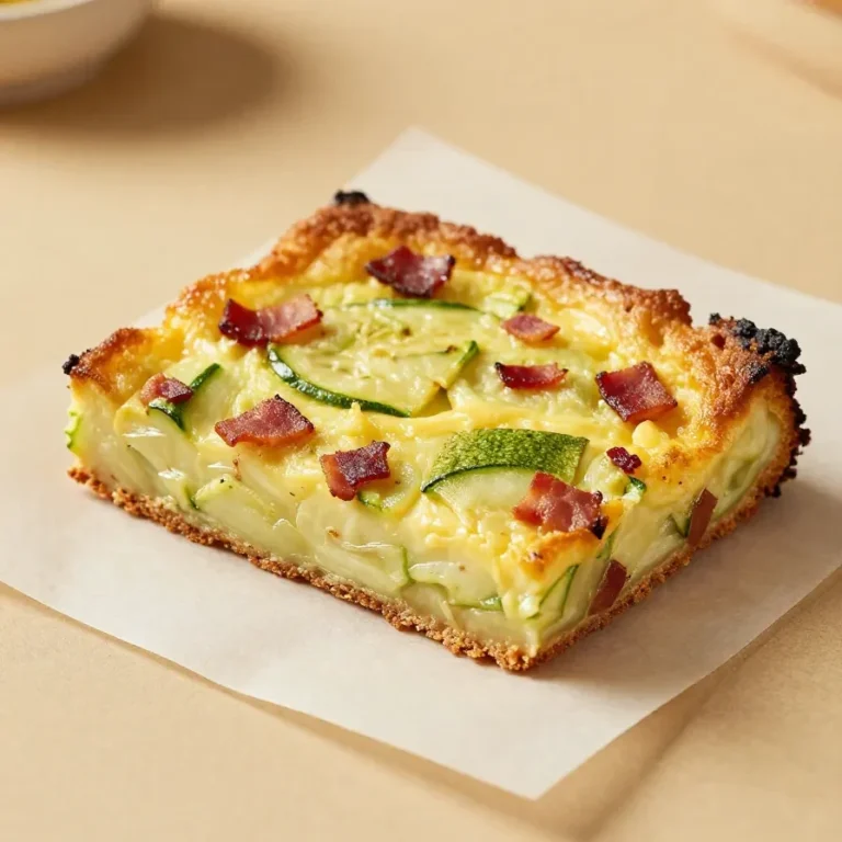 Ein Stück Zucchini-Bacon-Slice auf einem Teller, goldbraun gebacken und mit frischen Kräutern garniert.