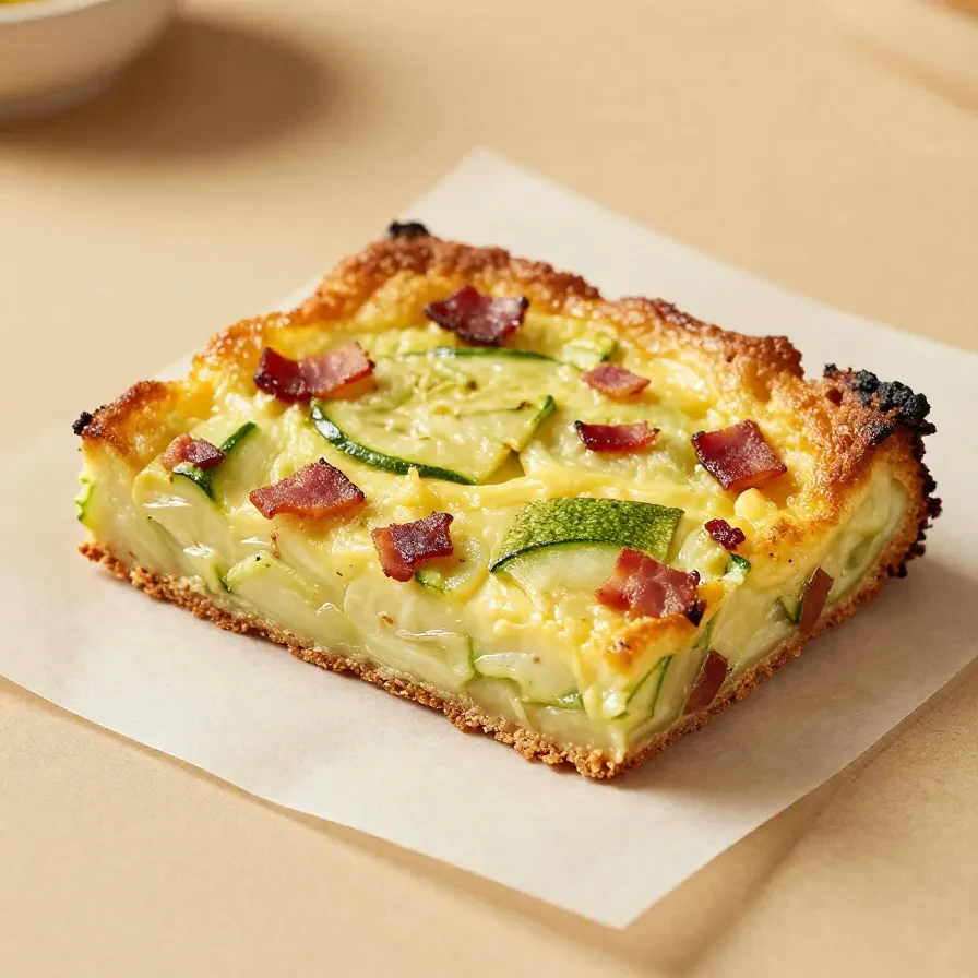 Ein Stück Zucchini-Bacon-Slice auf einem Teller, goldbraun gebacken und mit frischen Kräutern garniert.