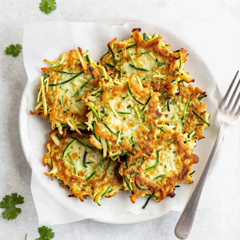 Goldbraun gebratene Zucchini Puffer auf einem weißen Teller mit einem Klecks Kräuter-Dip.