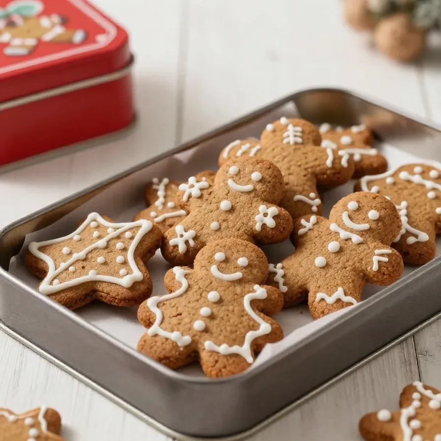 Veganer Lebkuchen auf einem Teller, dekoriert mit Zuckerguss und Mandeln, passend für die Weihnachtszeit.