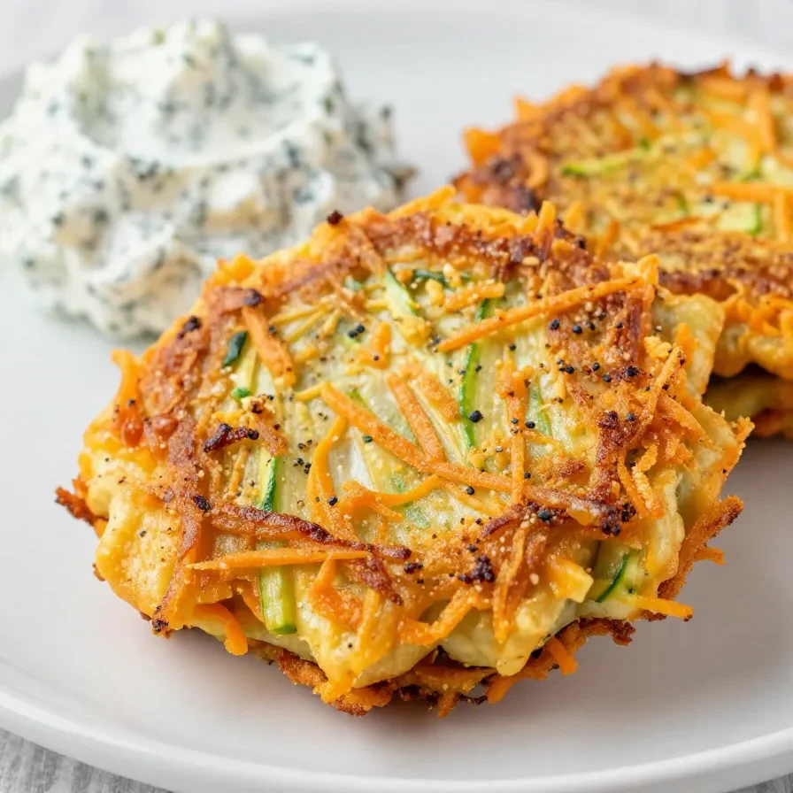 Goldbraun gebratene Karotten-Zucchini-Puffer auf einem Teller mit einem Klecks Kräuterquark daneben.