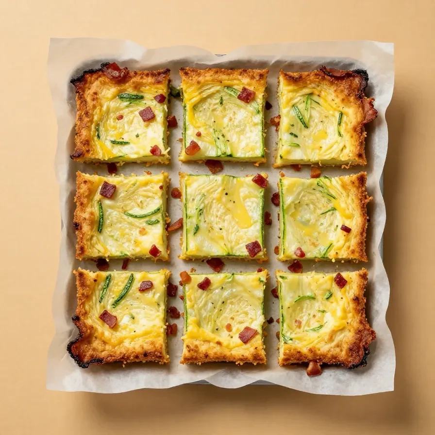 Ein Stück Zucchini-Bacon-Slice auf einem Teller, goldbraun gebacken und mit frischen Kräutern garniert.