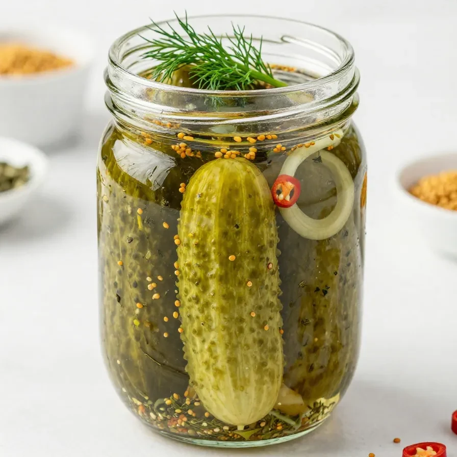 Glas mit eingelegten Gurken, frischen Dillzweigen, Senfkörnern und Gewürzen auf einem Küchentisch