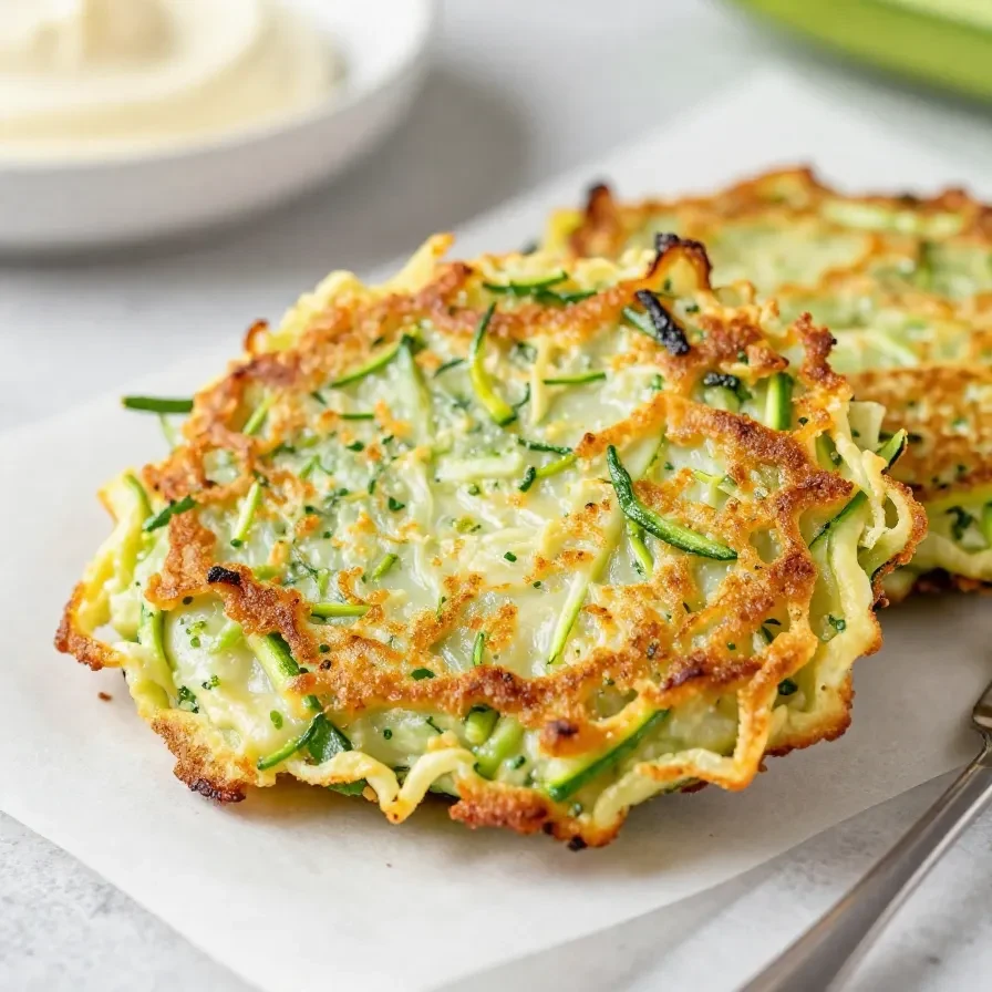 Goldbraun gebratene Zucchini Puffer auf einem weißen Teller mit einem Klecks Kräuter-Dip.