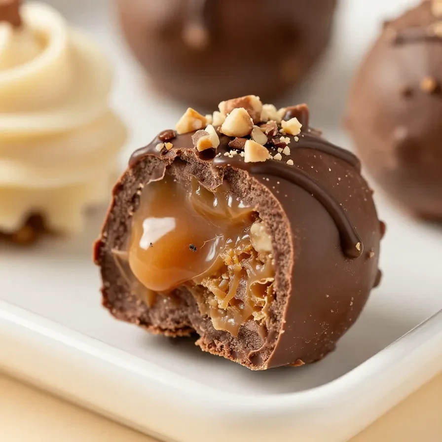 Cremiger Ferrero Rocher Cheesecake auf einem Kuchenständer, dekoriert mit ganzen Ferrero Rocher Pralinen und Haselnussstückchen.