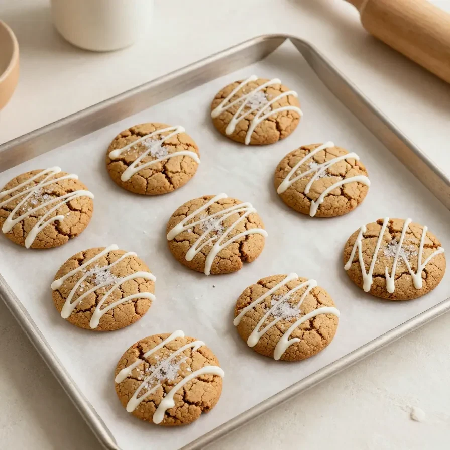 Frisch gebackene Gingerbread Latte Cookies auf einem Teller, mit zimtfarbener Gewürznote und winterlichem Look.