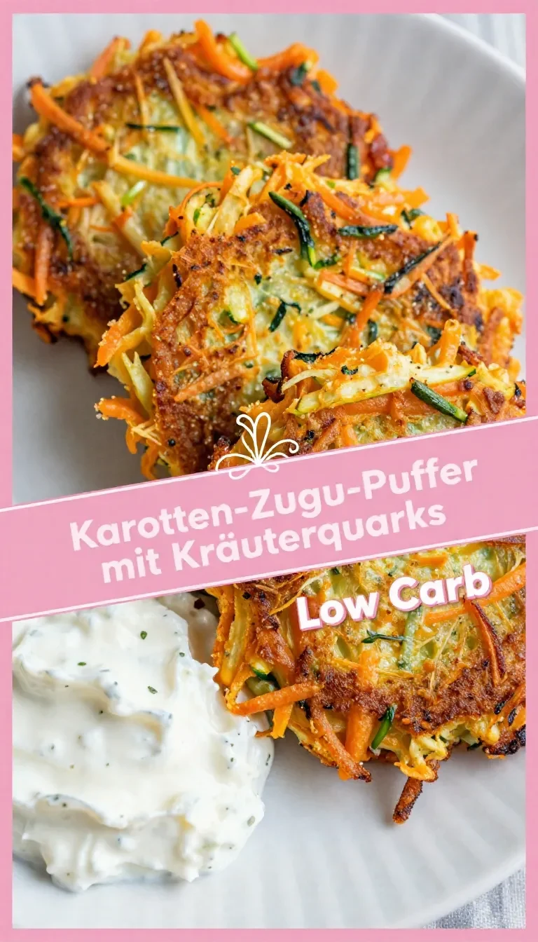 Goldbraun gebratene Karotten-Zucchini-Puffer auf einem Teller mit einem Klecks Kräuterquark daneben.