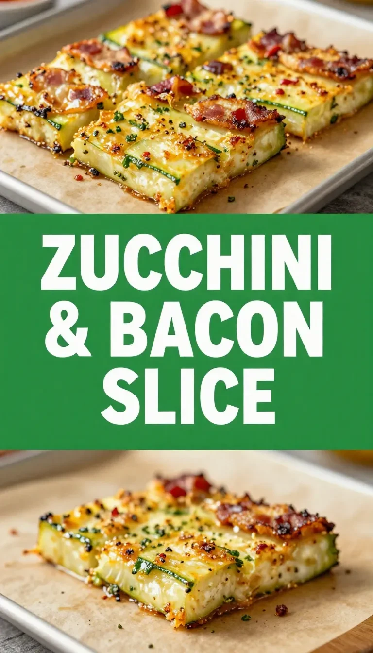 Ein Stück Zucchini-Bacon-Slice auf einem Teller, goldbraun gebacken und mit frischen Kräutern garniert.
