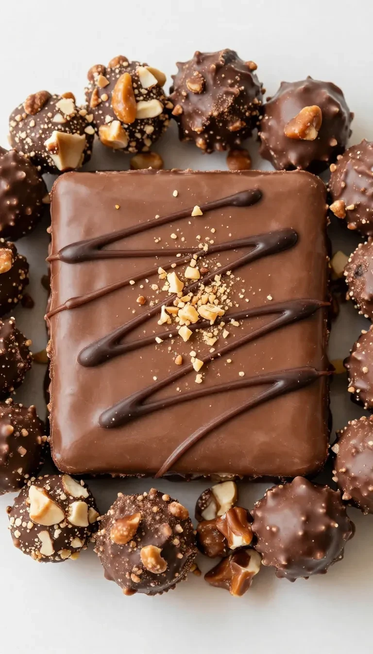 Cremiger Ferrero Rocher Cheesecake auf einem Kuchenständer, dekoriert mit ganzen Ferrero Rocher Pralinen und Haselnussstückchen.