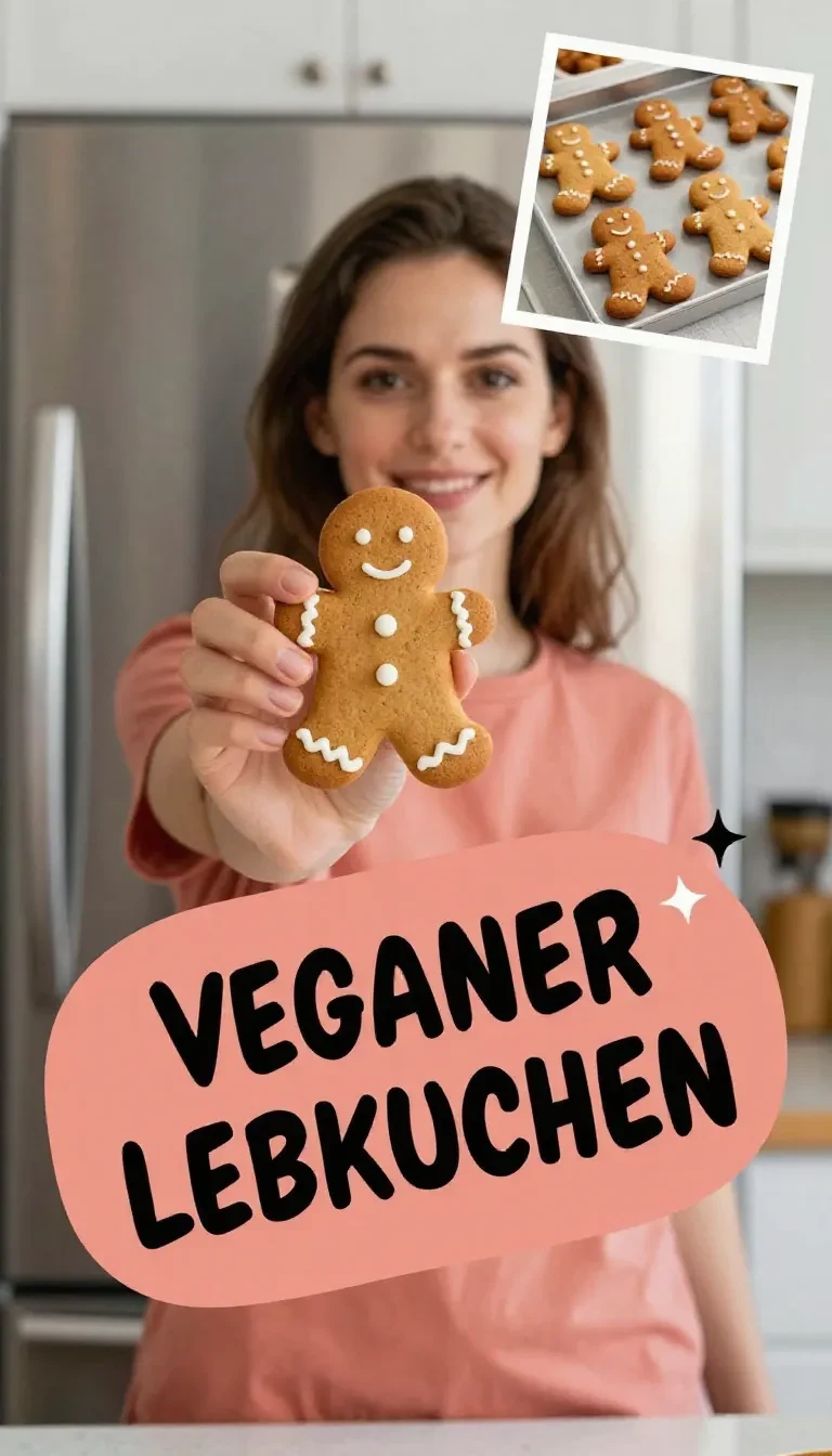 Veganer Lebkuchen auf einem Teller, dekoriert mit Zuckerguss und Mandeln, passend für die Weihnachtszeit.