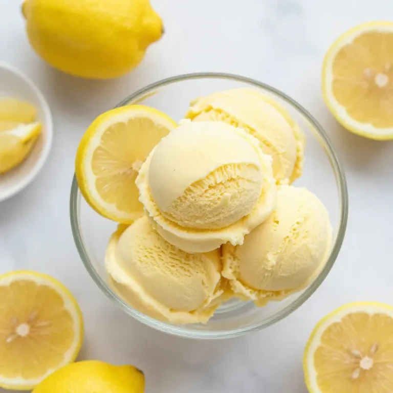 Eine Schale mit frischem Zitronensorbet, garniert mit Zitronenscheiben und Minzblättern, auf hellem Hintergrund.