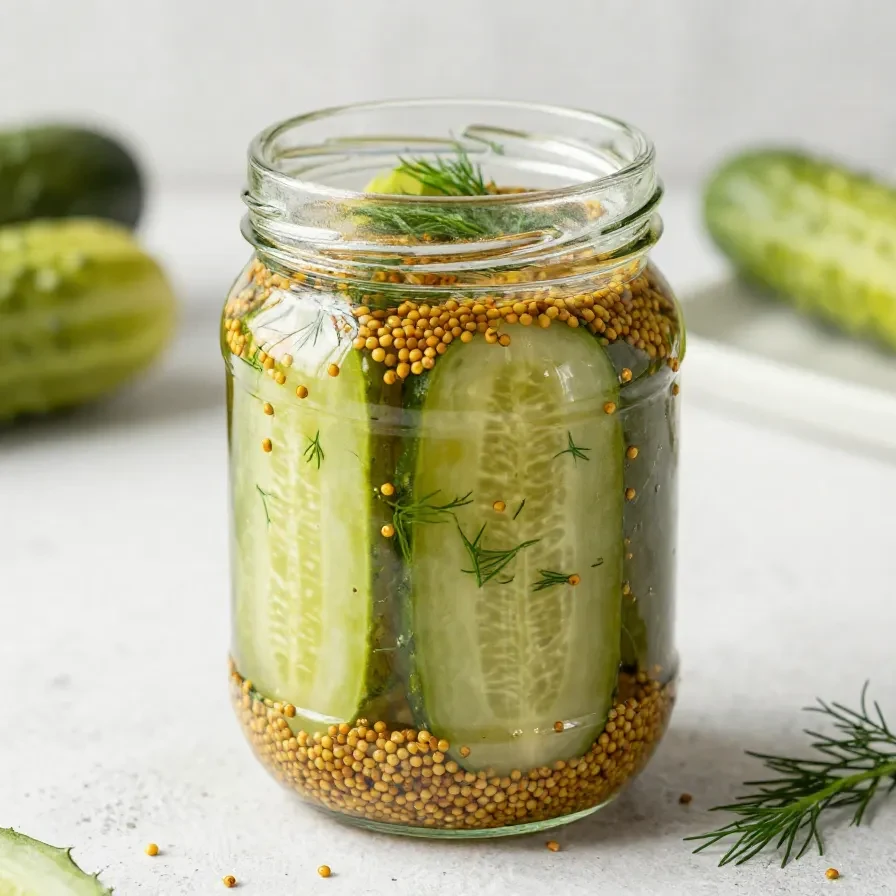 Ein Glas mit selbst eingelegten Senfgurken nach herzelieb Rezept auf einem hellen Holztisch