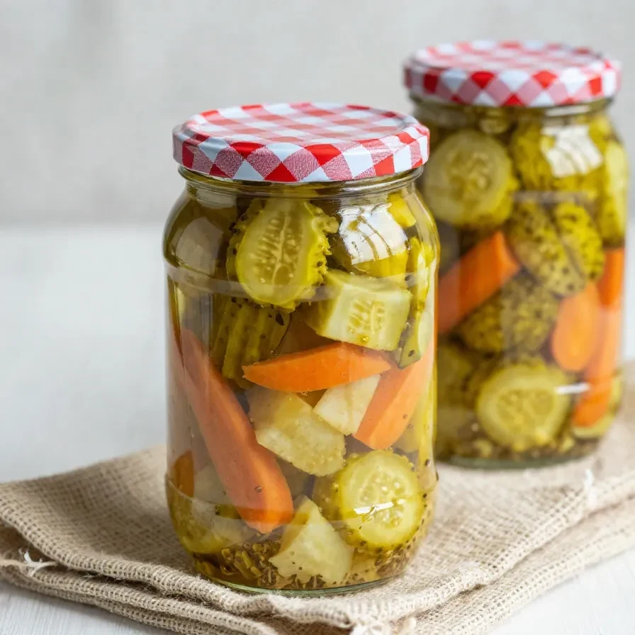 Glas mit eingelegten Curry-Zucchini in gelblicher Marinade auf einem Holztisch