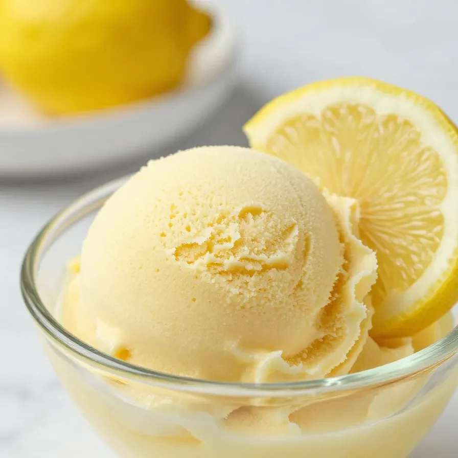 Eine Schale mit frischem Zitronensorbet, garniert mit Zitronenscheiben und Minzblättern, auf hellem Hintergrund.