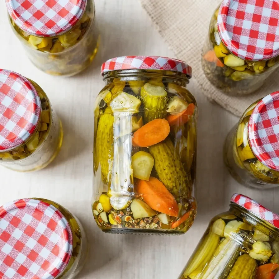 Glas mit eingelegten Curry-Zucchini in gelblicher Marinade auf einem Holztisch