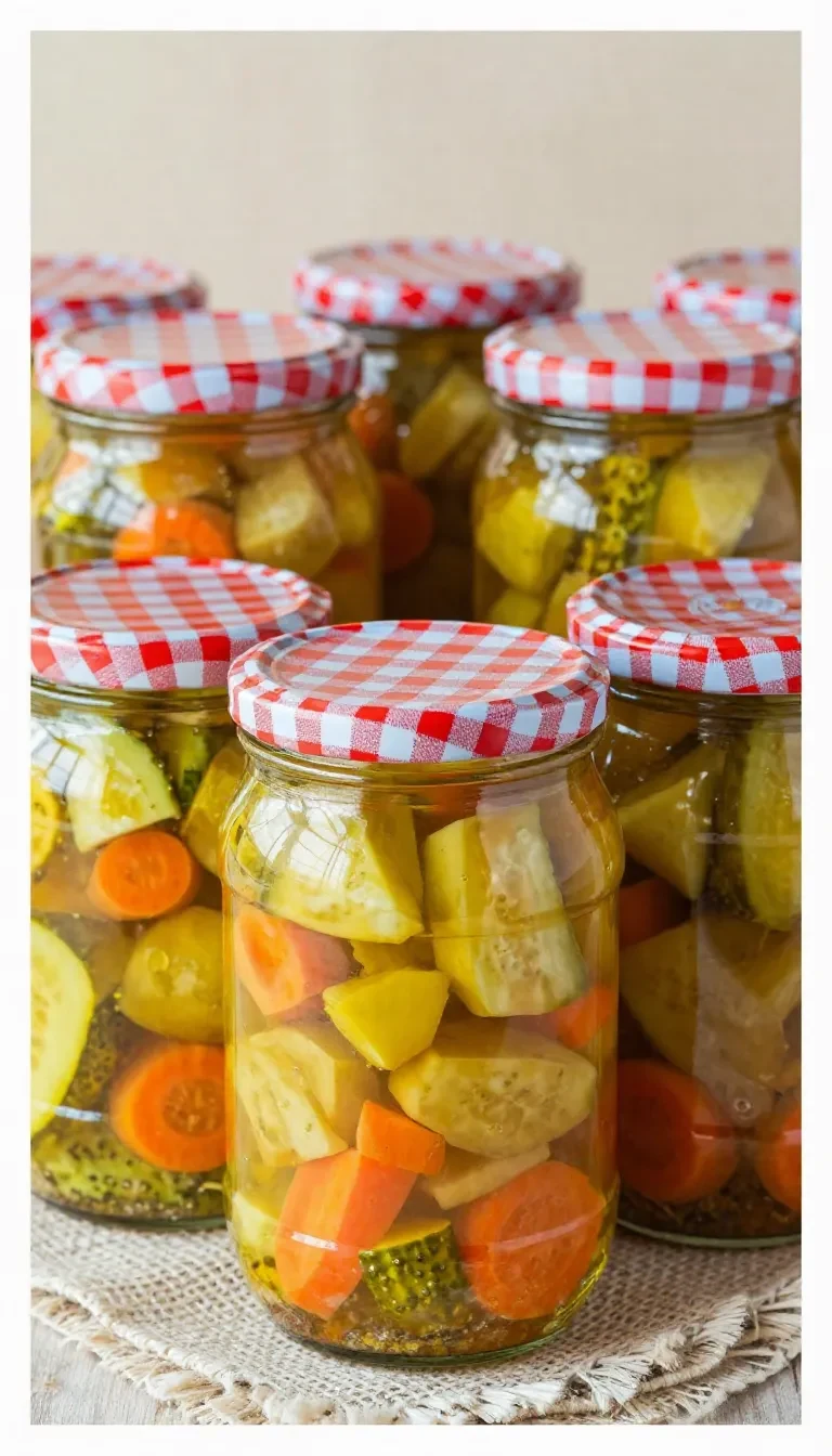 Glas mit eingelegten Curry-Zucchini in gelblicher Marinade auf einem Holztisch