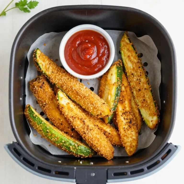 Knusprige Zucchini Fries aus dem Air Fryer auf einem Teller serviert