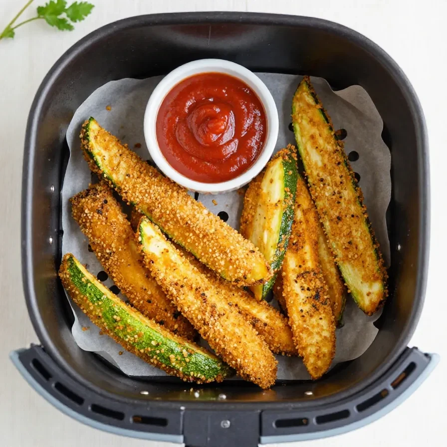 Knusprige Zucchini Fries aus dem Air Fryer auf einem Teller serviert