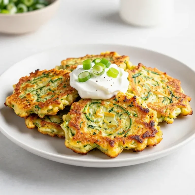 Knusprige Zucchini-Puffer auf einem weißen Teller mit einem Klecks Kräuter-Dip.
