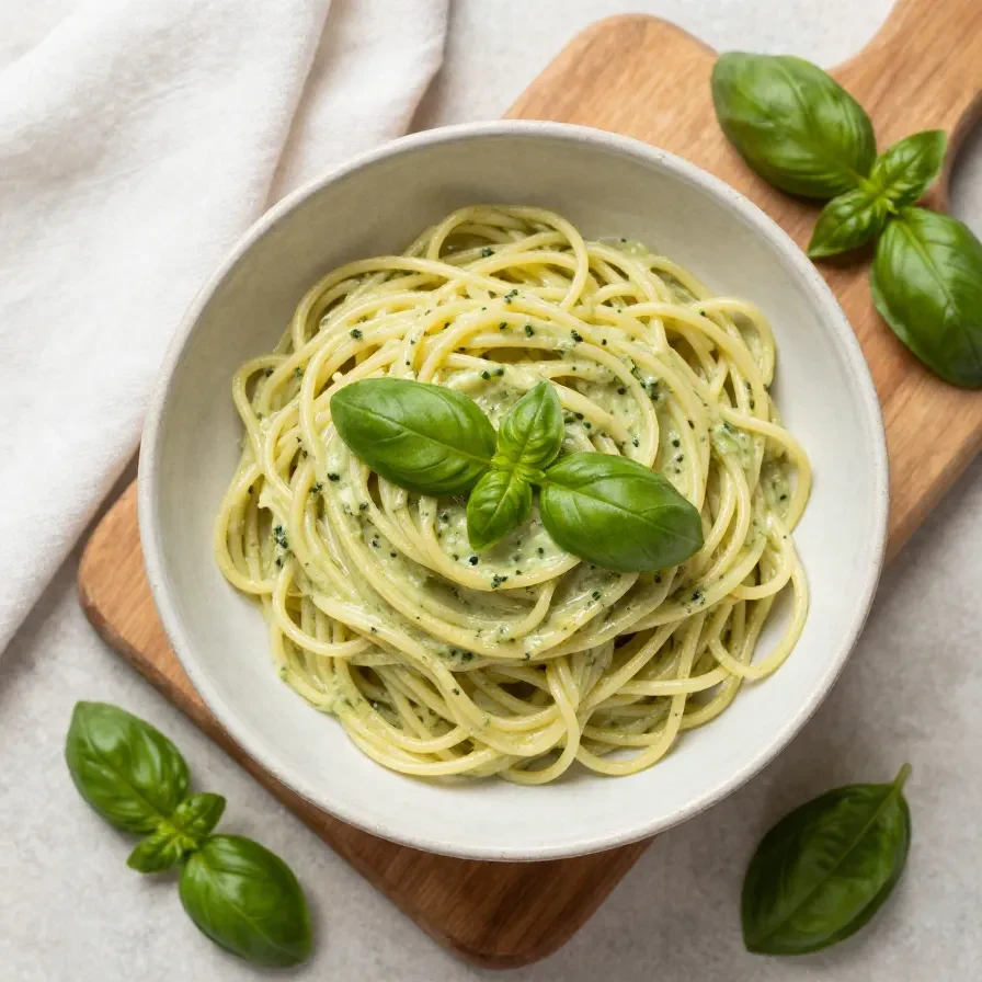 Cremige vegane Zucchini-Pasta mit Basilikum und Zitrone auf einem hellen Teller serviert.
