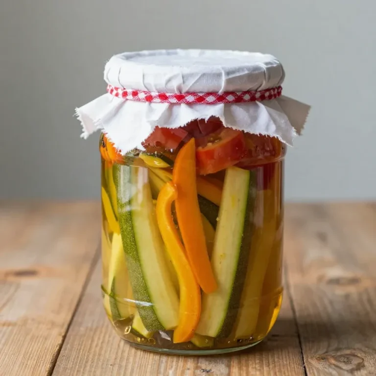 Glas mit süß-sauer eingelegten Zucchini, daneben frische Zucchini, Essig, Zucker und Gewürze auf einer Küchenarbeitsfläche
