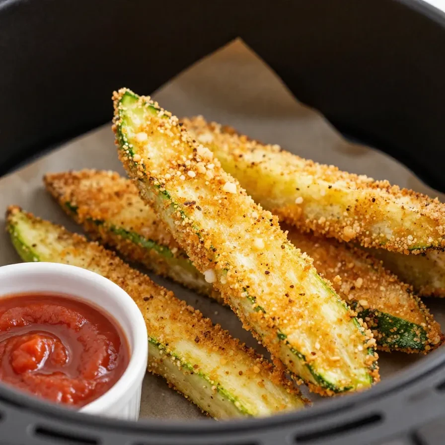 Knusprige Zucchini Fries aus dem Air Fryer auf einem Teller serviert