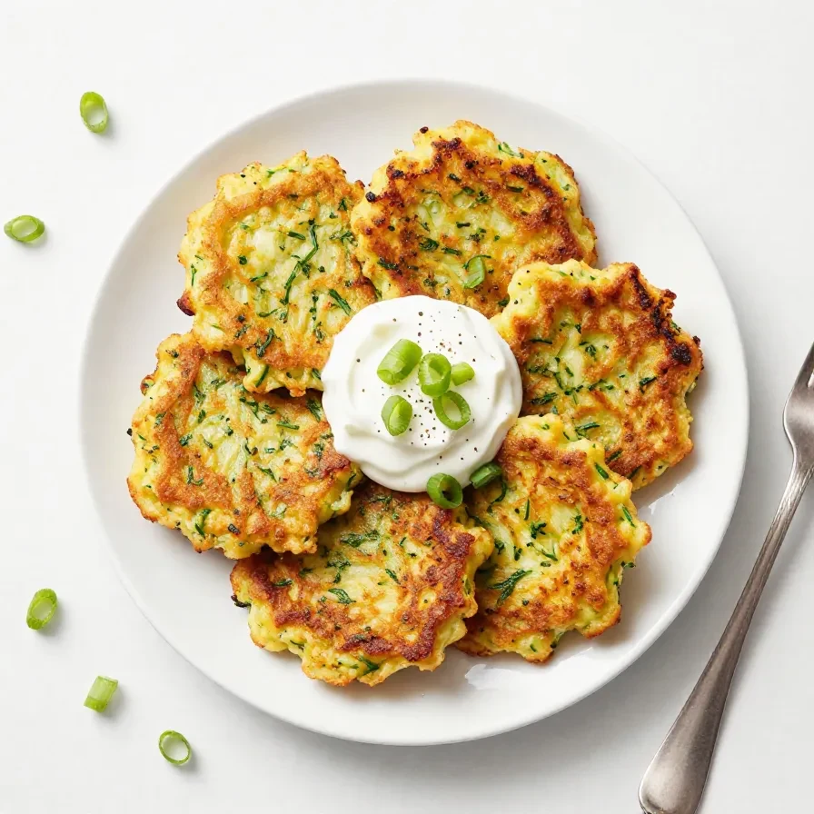 Knusprige Zucchini-Puffer auf einem weißen Teller mit einem Klecks Kräuter-Dip.