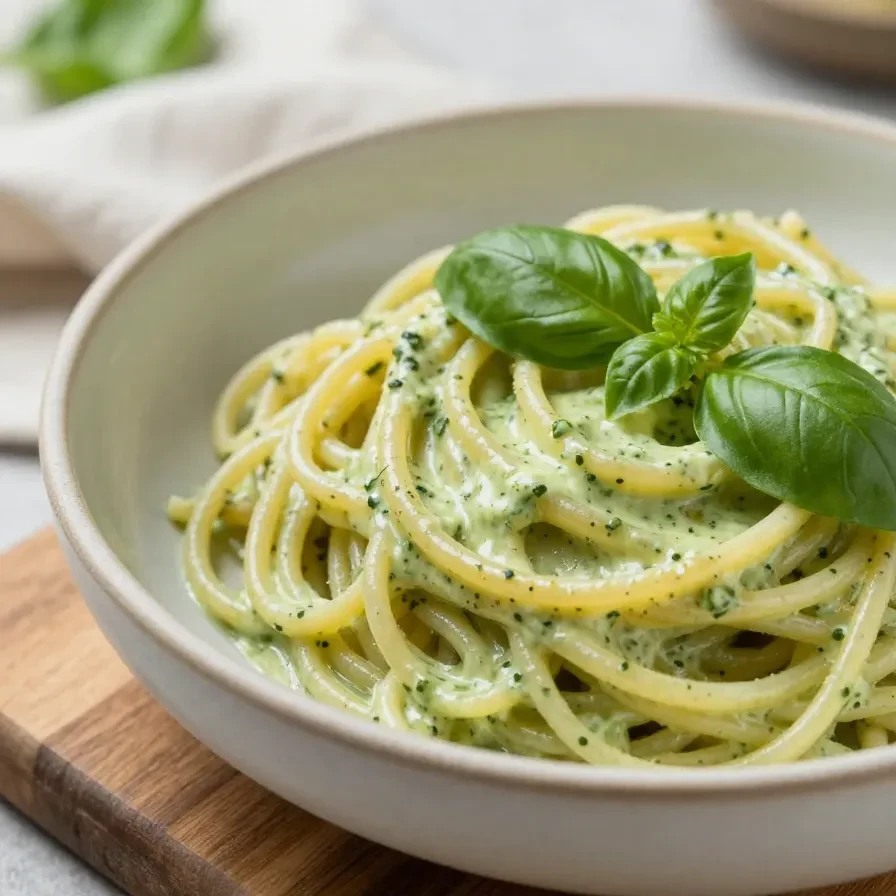 Cremige vegane Zucchini-Pasta mit Basilikum und Zitrone auf einem hellen Teller serviert.