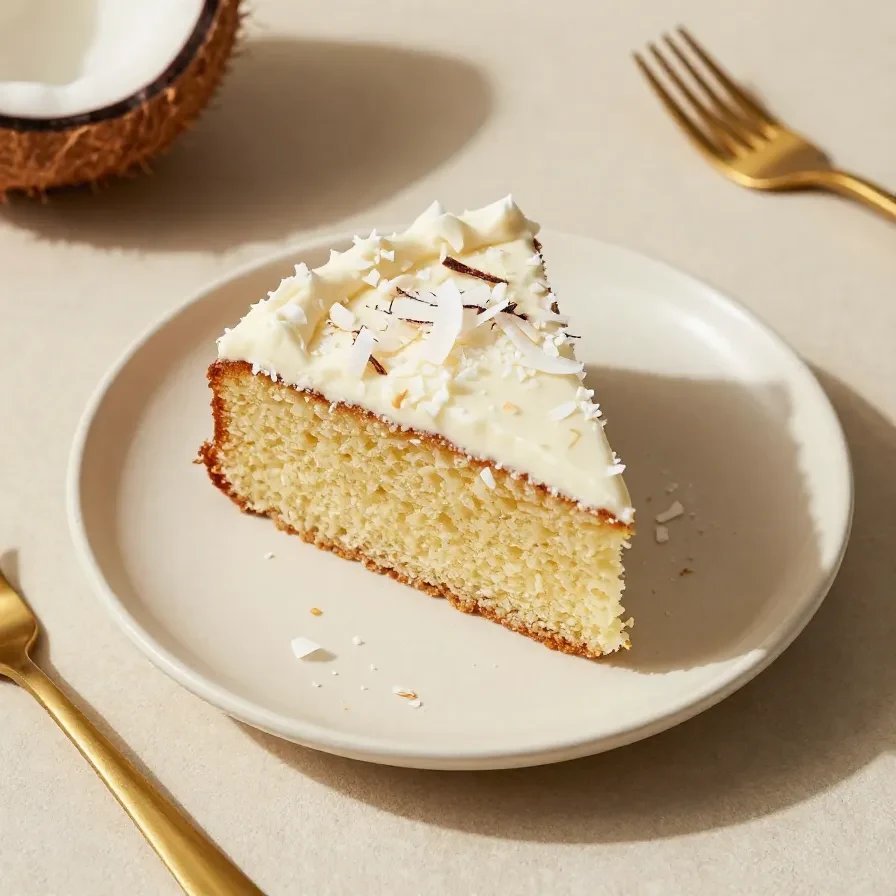 Coconut Raffaello Cake mit heller Creme, Kokosraspeln und dekorativen Raffaello-Pralinen auf einer Tortenplatte