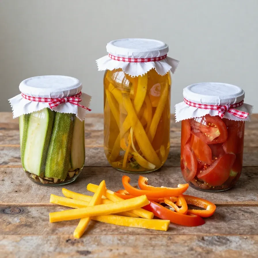 Glas mit süß-sauer eingelegten Zucchini, daneben frische Zucchini, Essig, Zucker und Gewürze auf einer Küchenarbeitsfläche